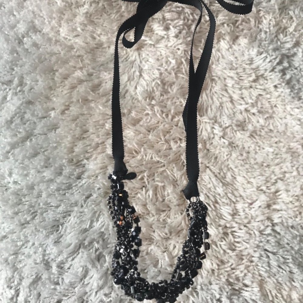 Black Beaded Necklace Ribbon Bow Tie